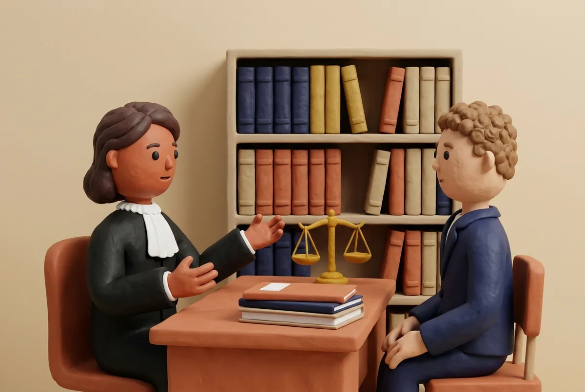 Avocate en robe expliquant un dossier à un client dans son cabinet